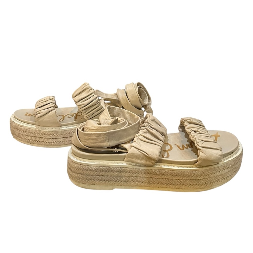 Sam Edelman Nude Platform Espadrille Sandals Size 8 Ruched Straps Ankle Wrap - Picture 7 of 13